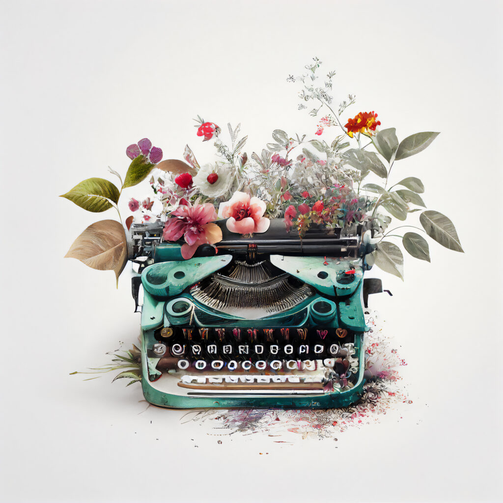 Home a vintage typewriter on which, when writing, a bouquet of flowers is formed instead of letters.